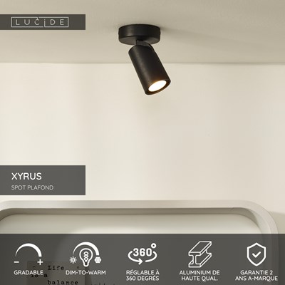 Lucide XYRUS - Spot plafond - Ø 9 cm - LED Dim to warm - GU10 - 1x5W 2200K/3000K - Noir